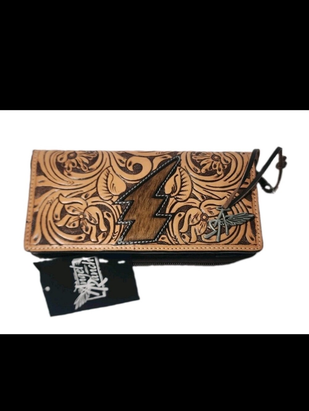 NWT Angel Ranch Morgan Wallet Purse Calf Hair Lightning Bolt Western W Bag Charm